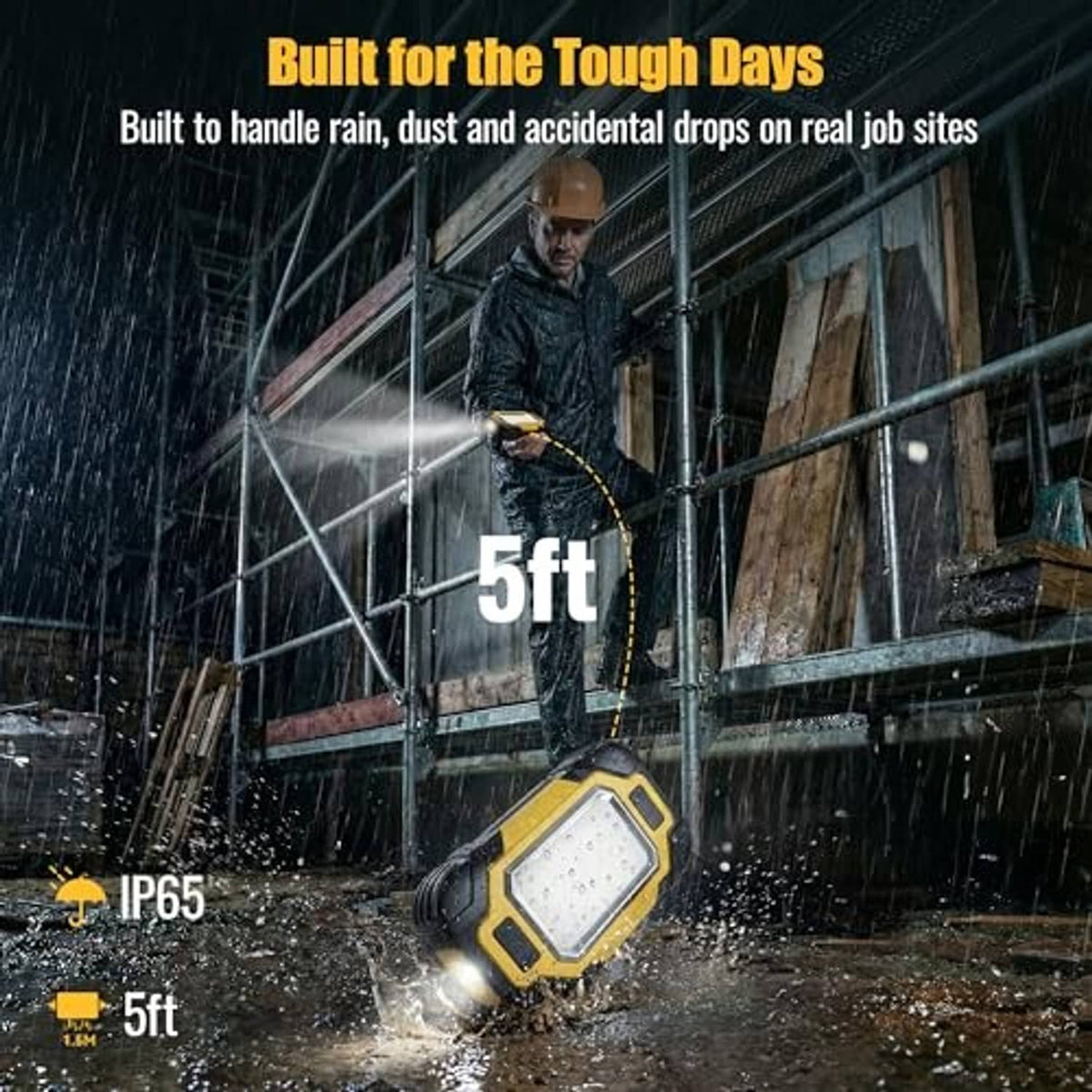 Handheld yellow rechargeable work light with COB LED panel shining brightly