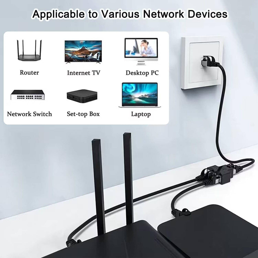Black RJ45 splitter connected with two cables for router and computer network
