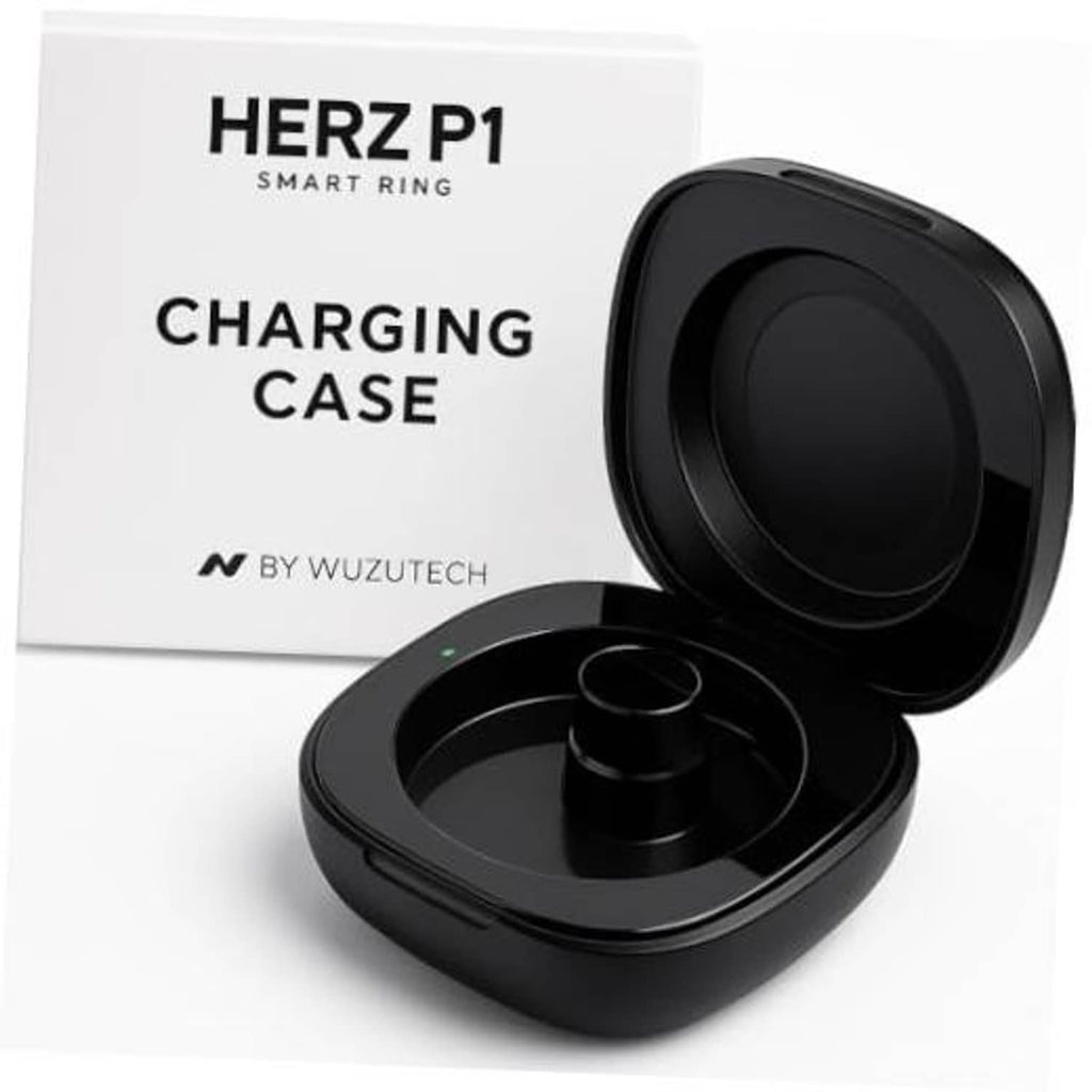 Black smart ring charging case with lid open and ring charging cradle