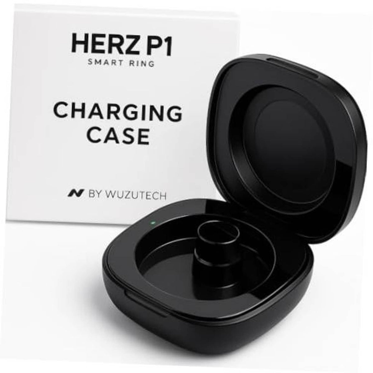 Black smart ring charging case with lid open and ring charging cradle