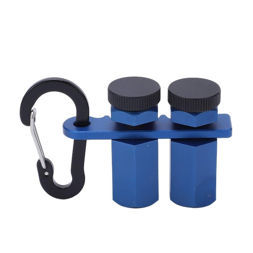 Blue stair gauge attachment with two black knobs and metal hanging hook
