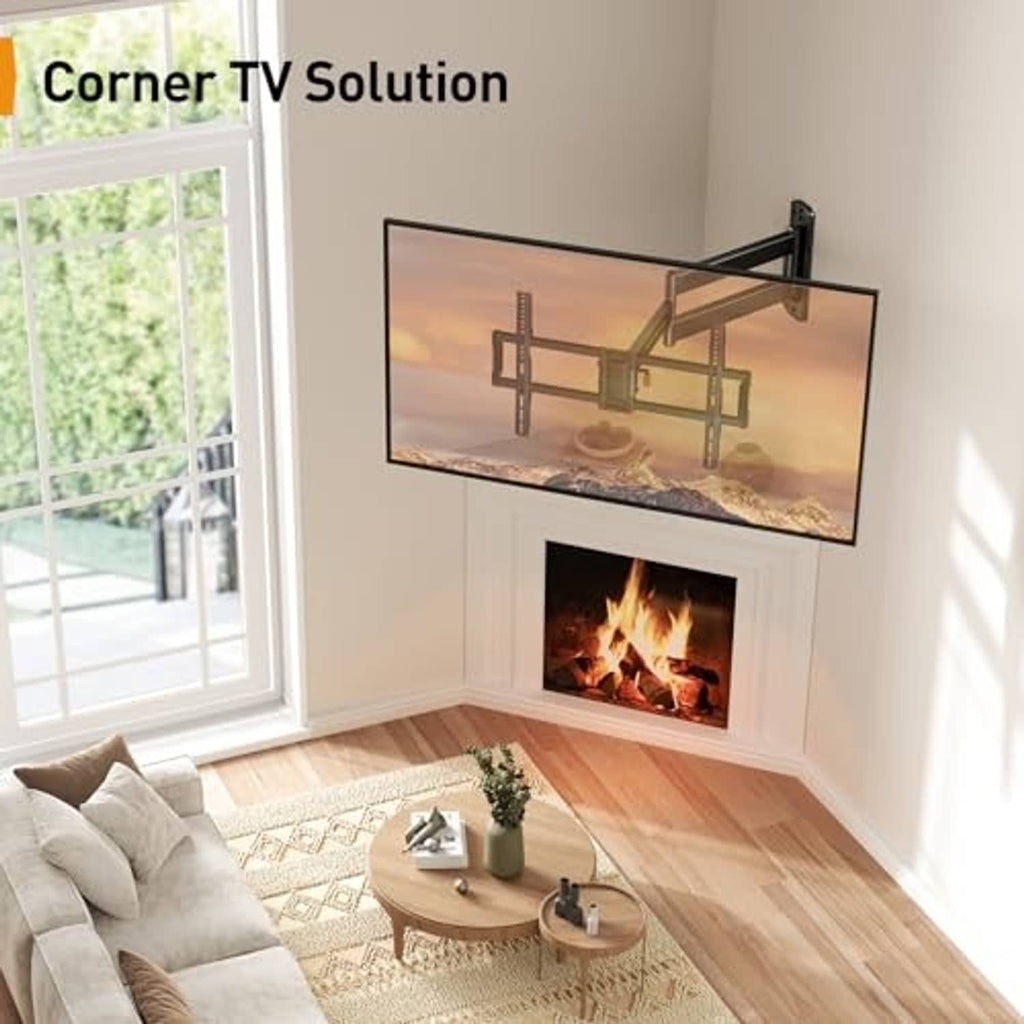 Corner TV wall mount bracket installed on a corner wall with long horizontal arms