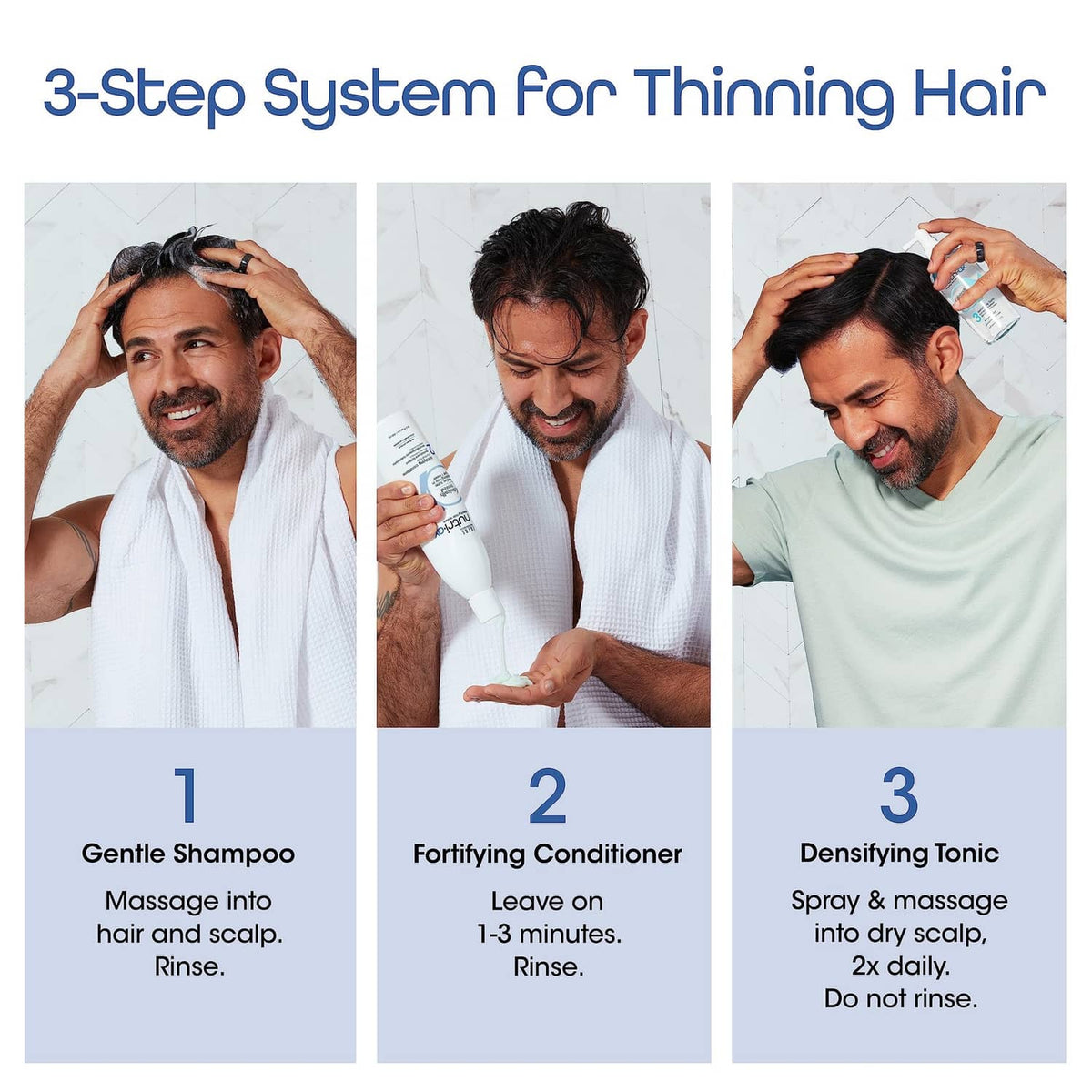3-step thinning-hair system: shampoo, conditioner, and densifying tonic application