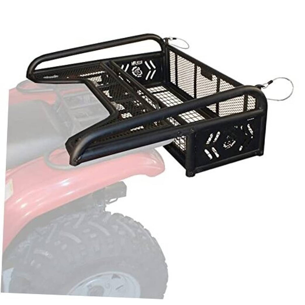 Black ATV rear drop basket rack with tailgate, tubular rails and mesh cargo deck