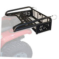 Black ATV rear drop basket rack with tailgate, tubular rails and mesh cargo deck