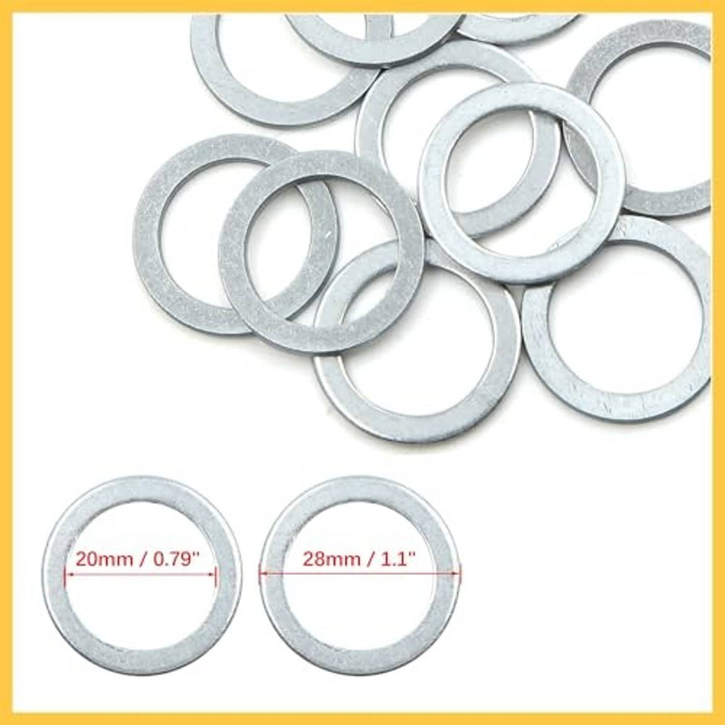 Close-up crush washers showing 20mm ID and 28mm OD, silver-gray flat rings