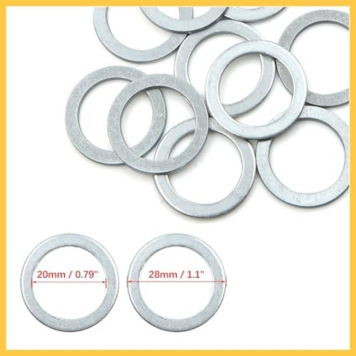 Close-up crush washers showing 20mm ID and 28mm OD, silver-gray flat rings
