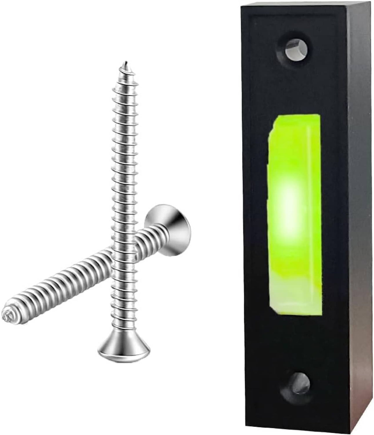 Wired doorbell push button with black housing, glowing green LED, and coiled metal connector wires