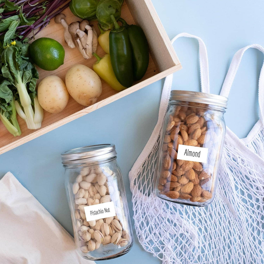 White rectangular self-adhesive labels on food jars, write-on pantry stickers