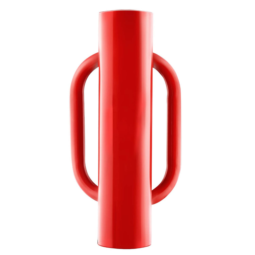 Red fence post driver with two loop handles and cylindrical pounding head