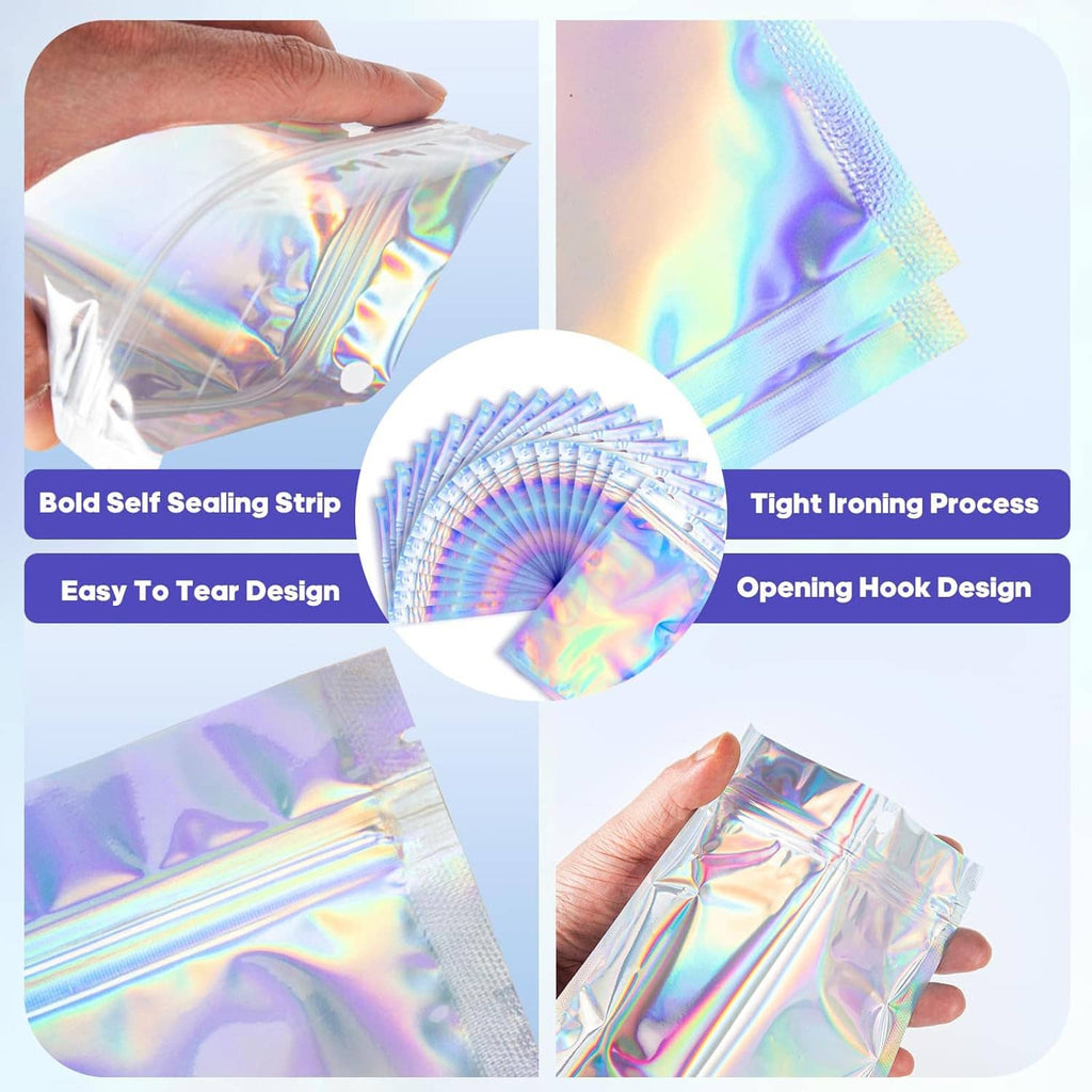 Holographic resealable foil pouch with self-sealing strip and close-up detail