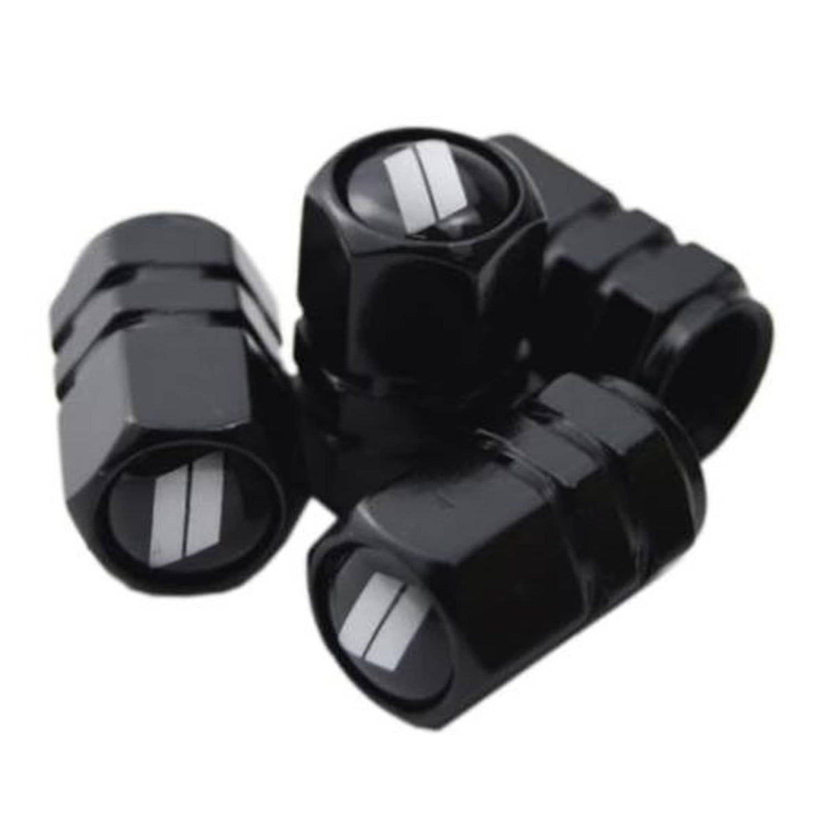 Set of four black tire valve stem caps with silver slash inserts, metal-look trim