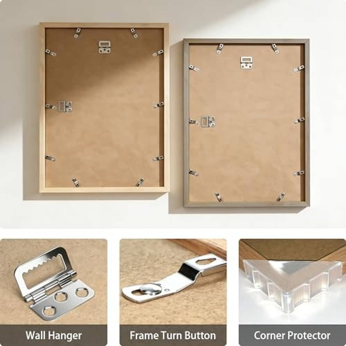 Natural wood picture frame back with hanging hardware and corner protectors