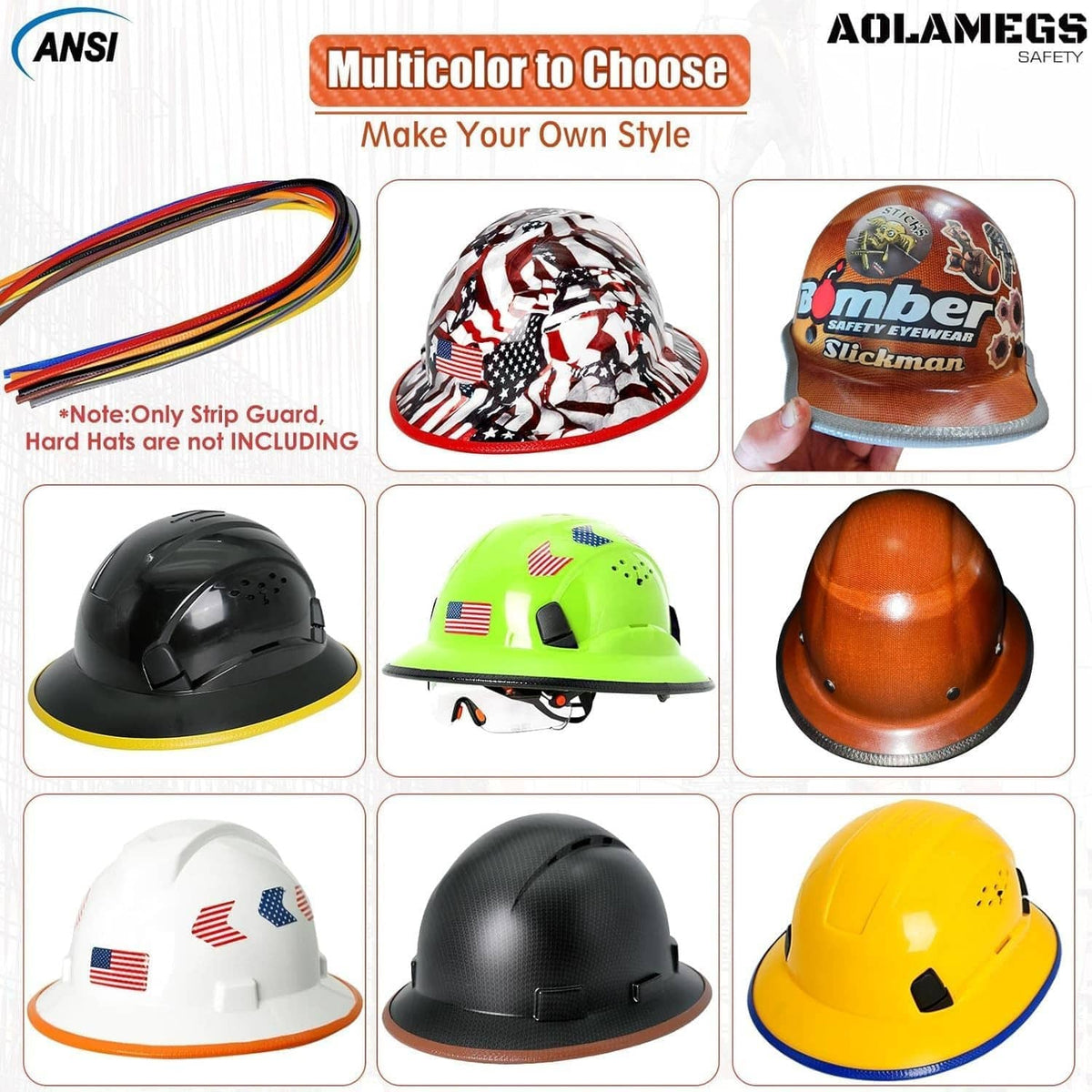 Multicolor hard hat guard strip options shown with different helmet colors