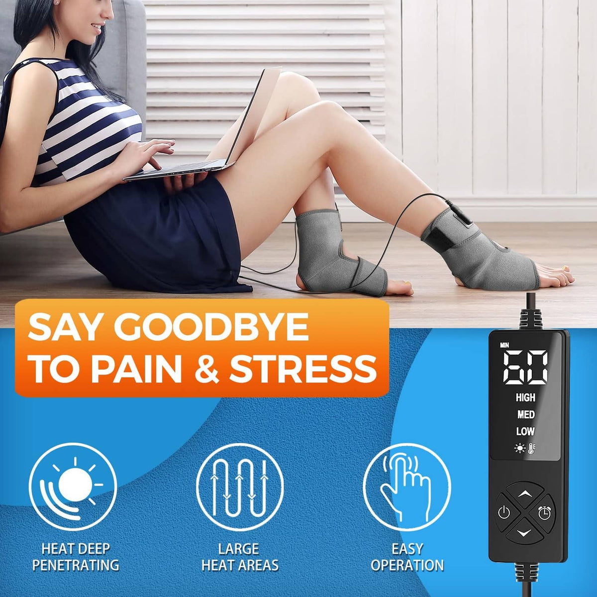 Gray ankle heating pads on seated person’s legs, connected to black control unit