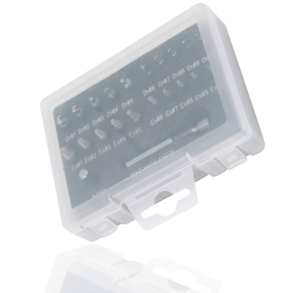 Plastic storage case for damaged screw extractor bits with etched size markings