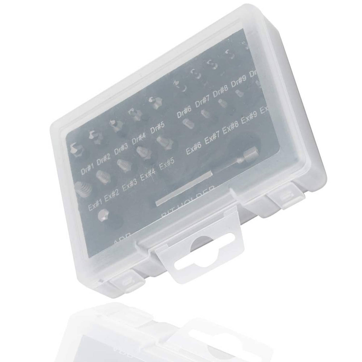 Plastic storage case for damaged screw extractor bits with etched size markings