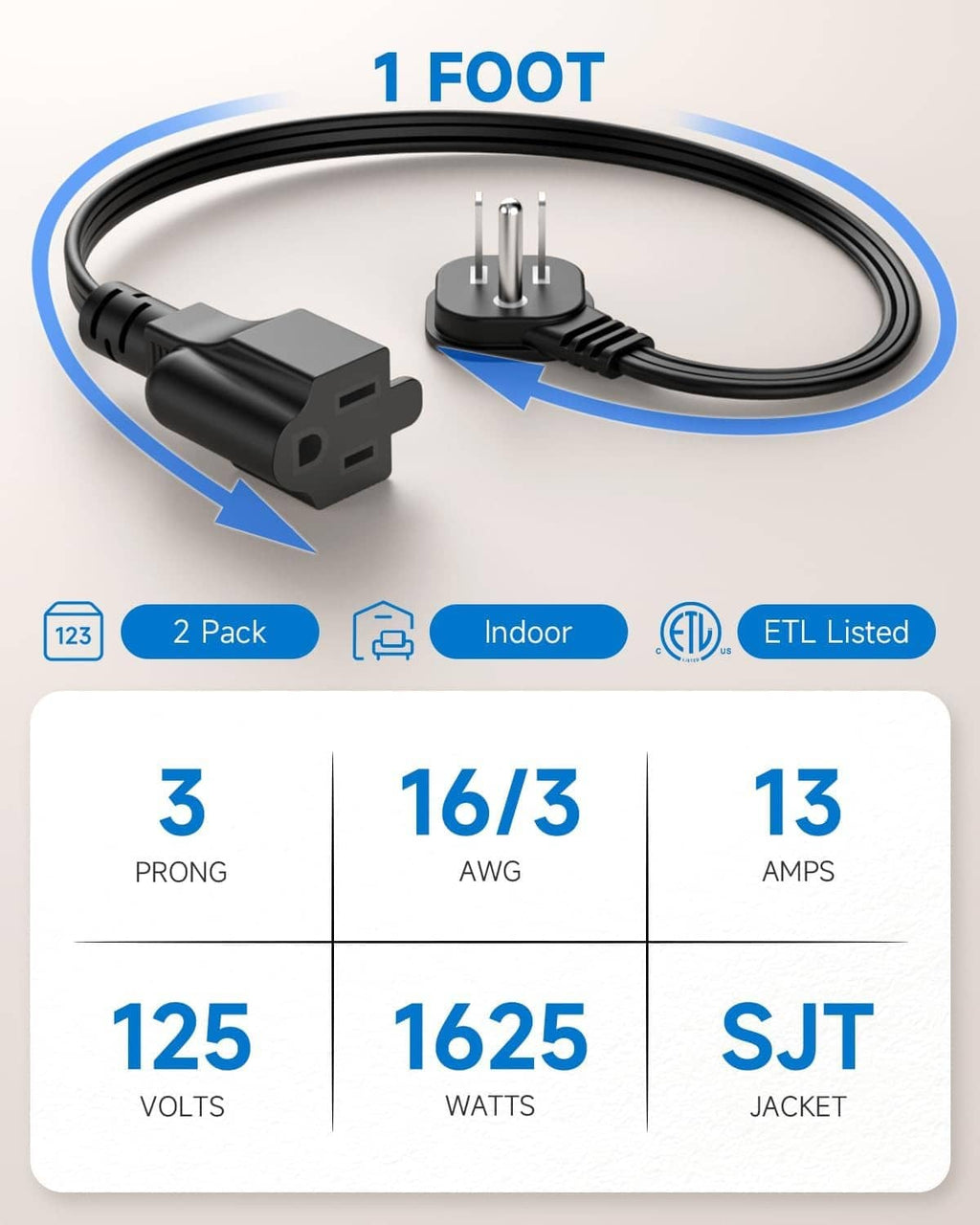 Black 1-ft extension cord with 3-prong flat plug and coiled short length