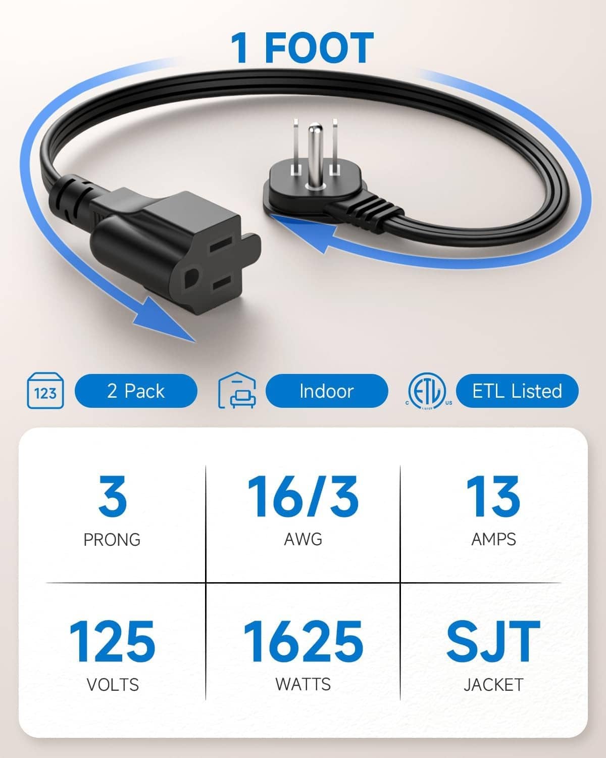 Black 1-ft extension cord with 3-prong flat plug and coiled short length