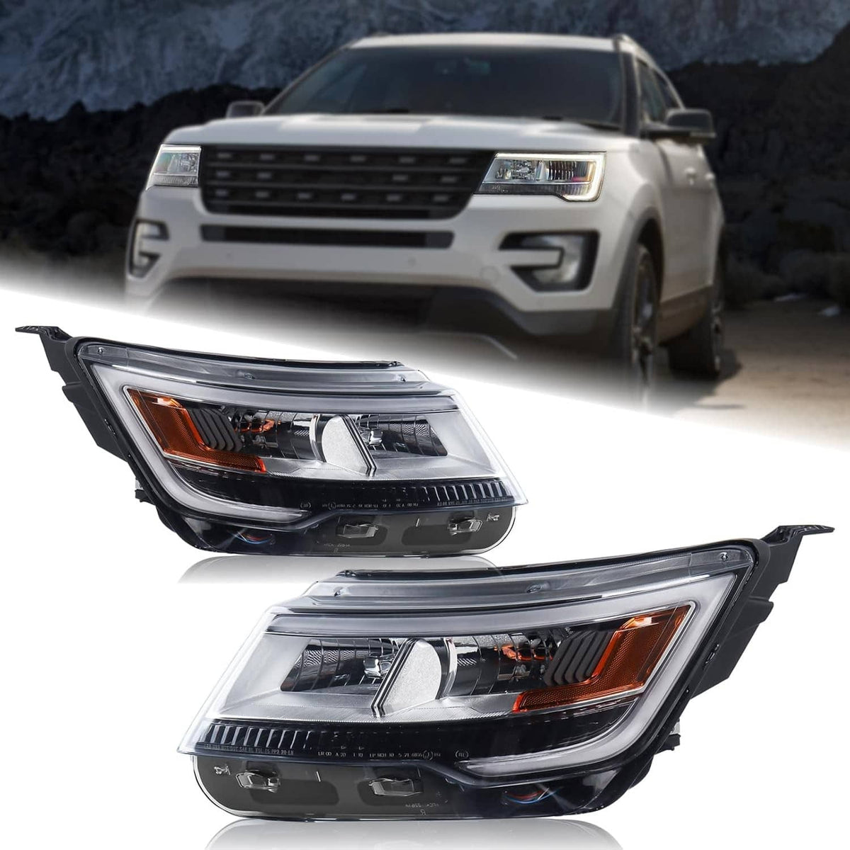 Pair of chrome LED DRL headlight assemblies, left and right, with amber turn signal