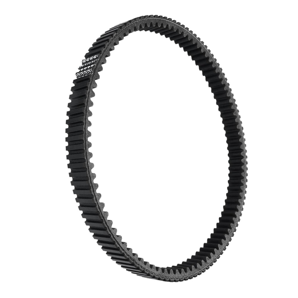 Black toothed rubber drive belt, vertical loop with uniform tooth pattern