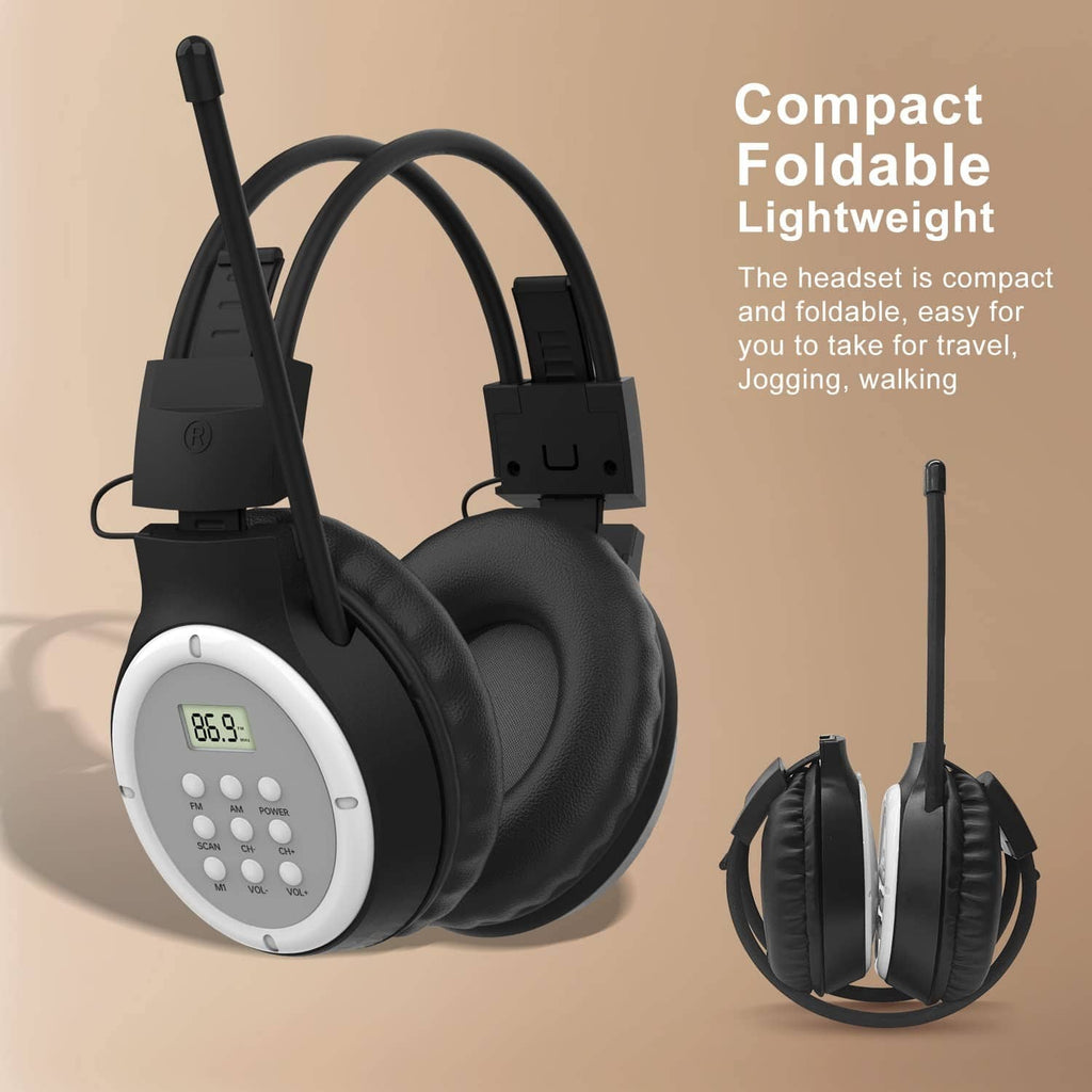 Black compact foldable AM/FM radio headphones with control screen and antenna