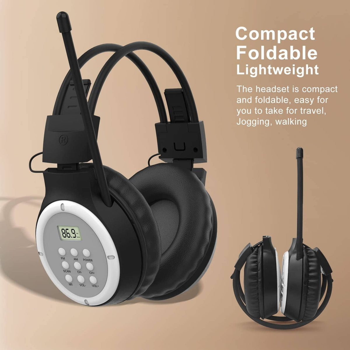 Black compact foldable AM/FM radio headphones with control screen and antenna