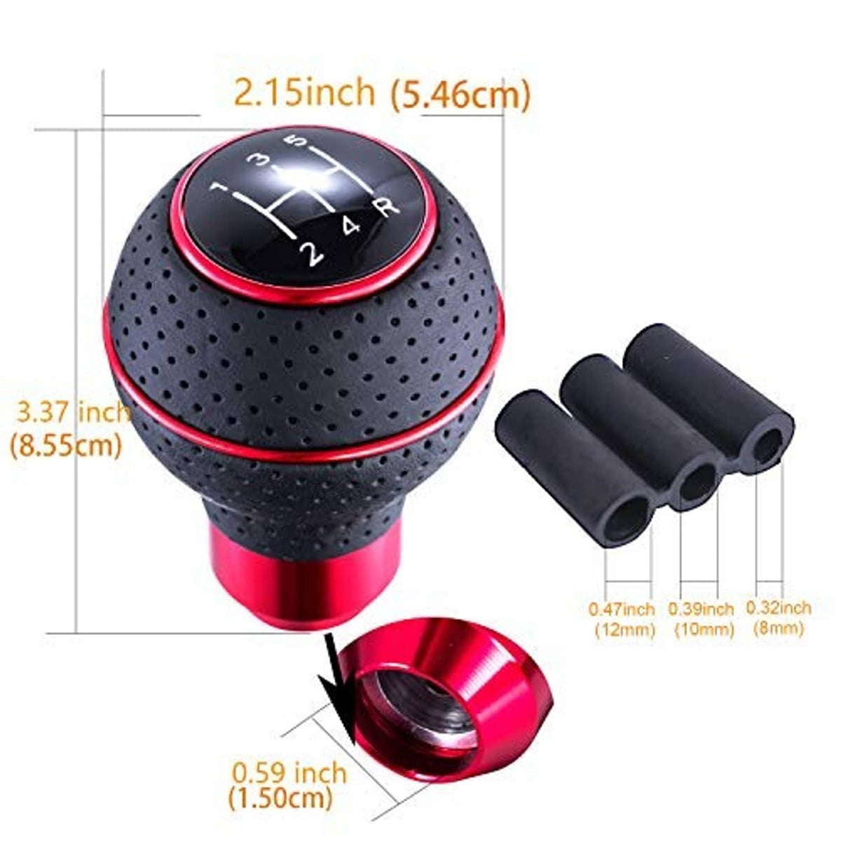 5-speed shift knob with red-ring dial, perforated black leather and metal base