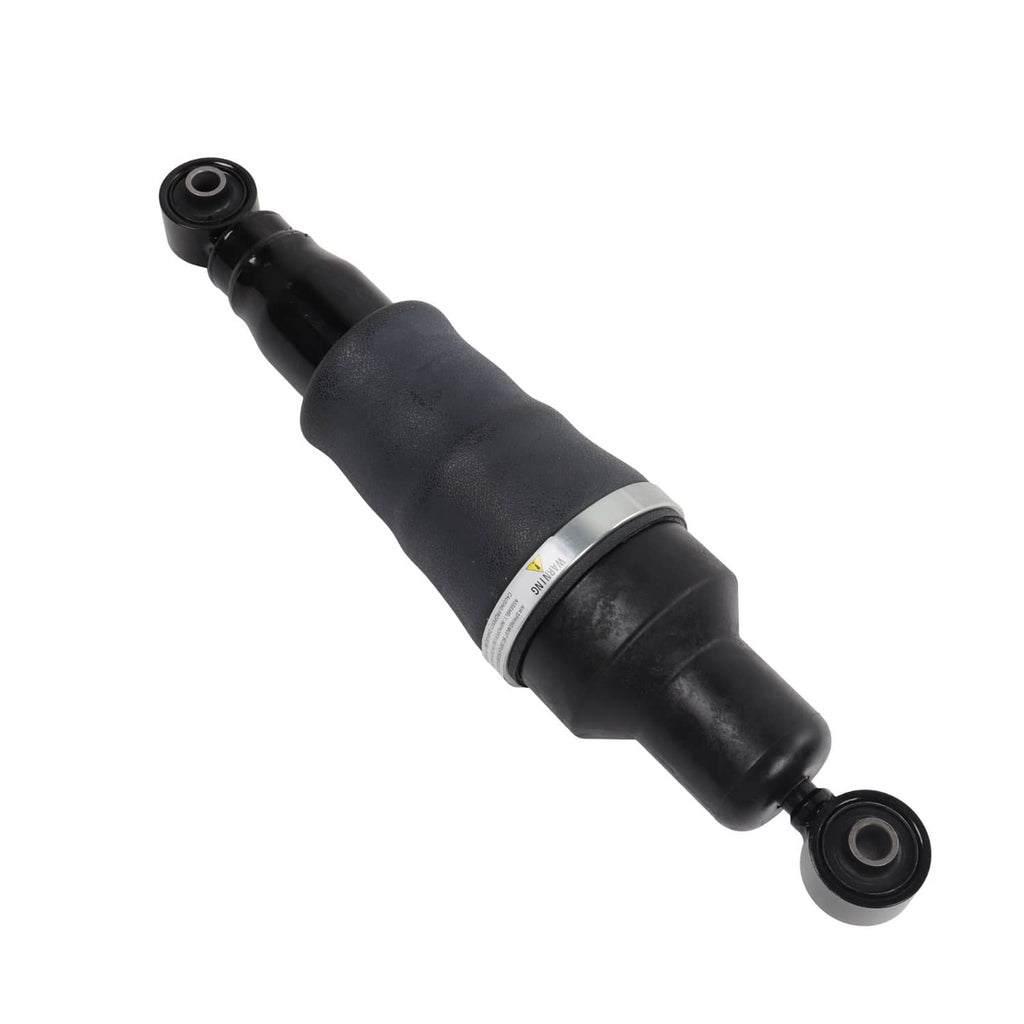 Pair of rear air suspension shock struts, angled view of black shock and bottom control mount