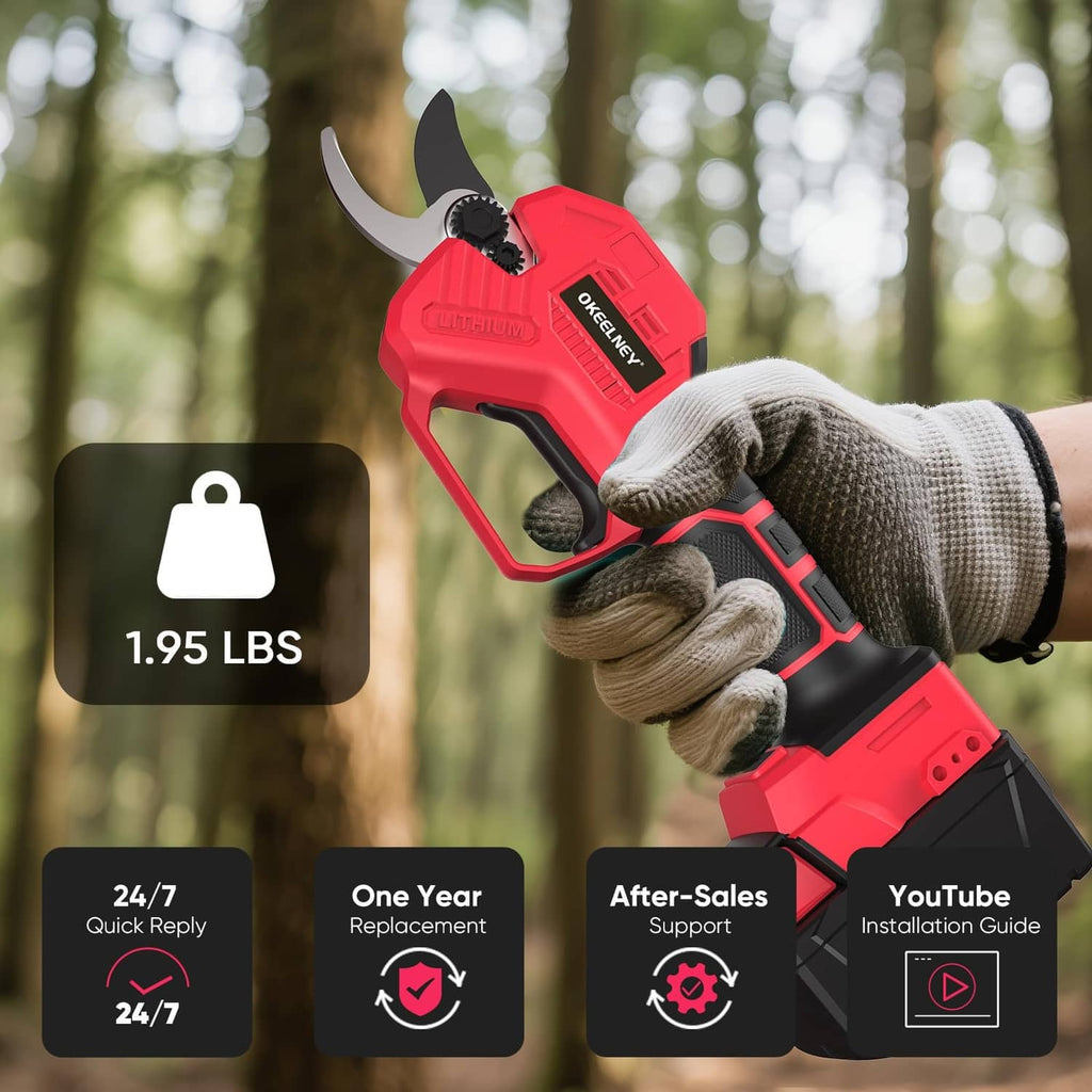 Cordless electric pruning shears in gloved hand, red housing and curved steel cutting blade
