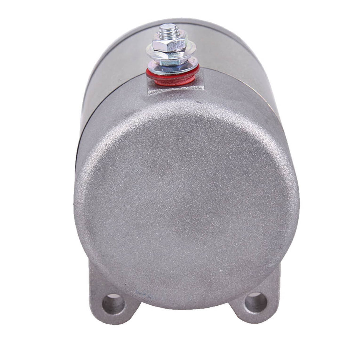 Starter motor assembly top view with red terminal screw and two mounting feet