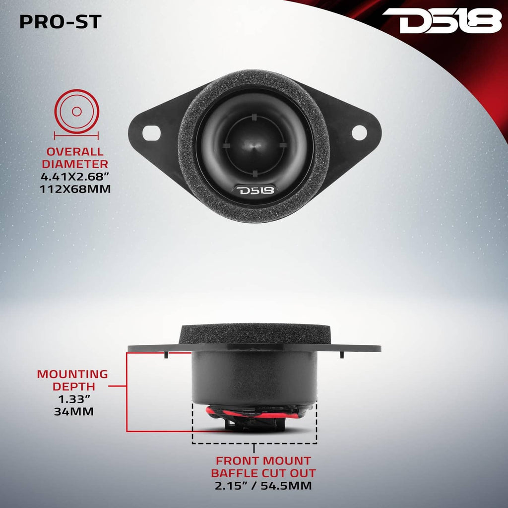 Black DS18 bullet compression tweeter with front grill and cutout depth