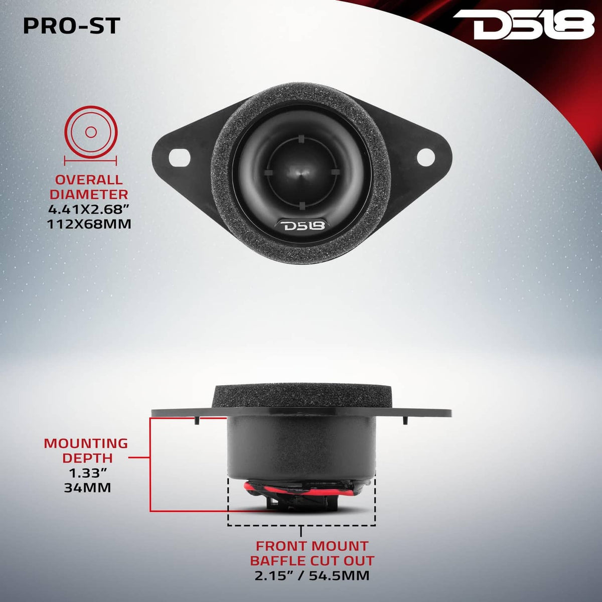 Black DS18 bullet compression tweeter with front grill and cutout depth