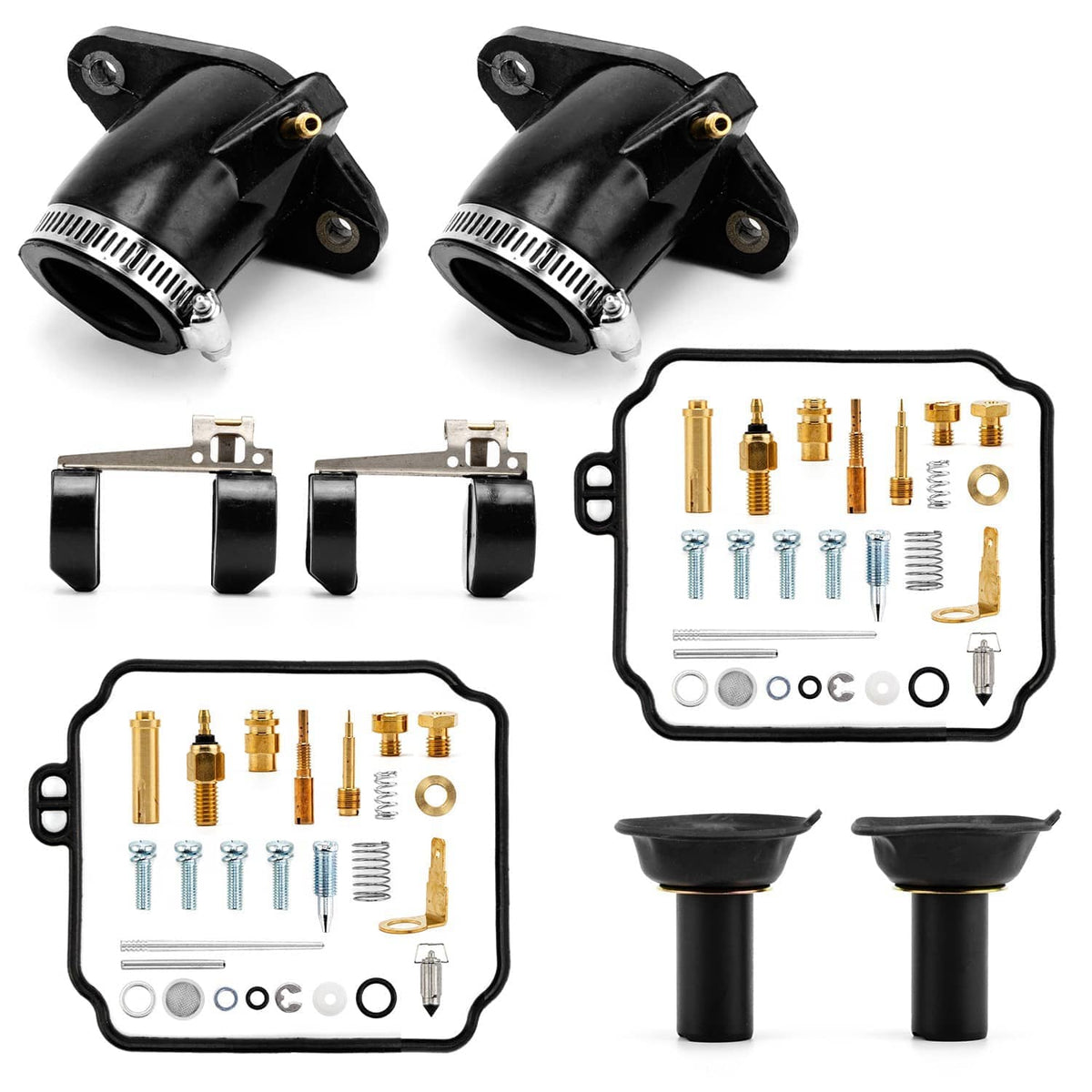 Carburetor rebuild kit with two black intake manifolds, boots, and parts tray with jets