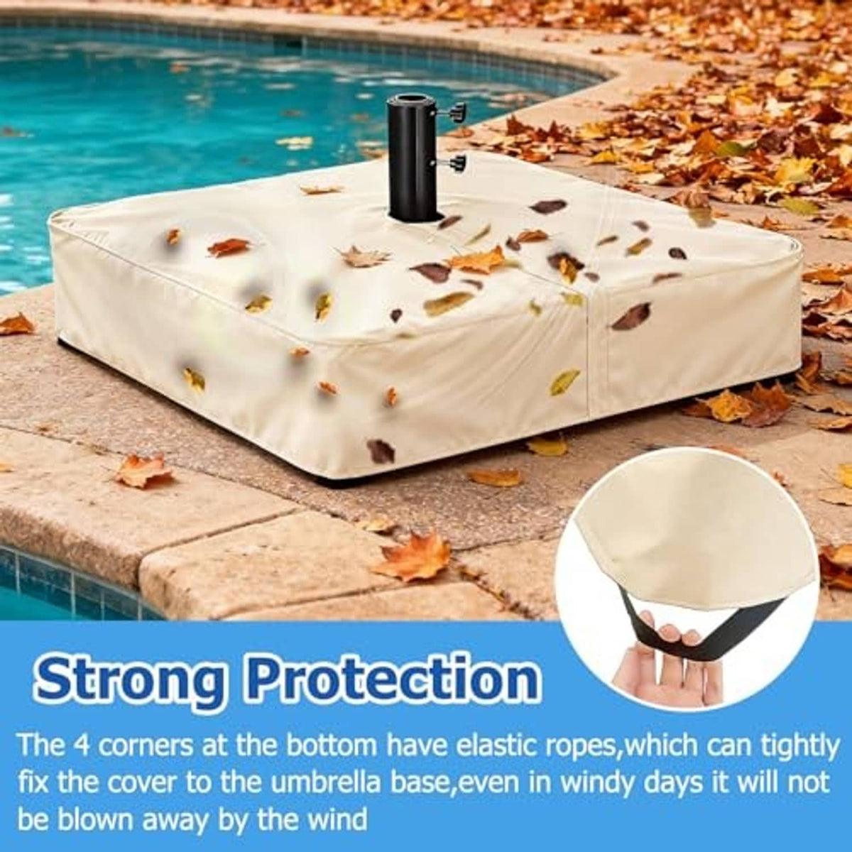 Beige umbrella base cover with elastic hem, umbrella pole through center opening