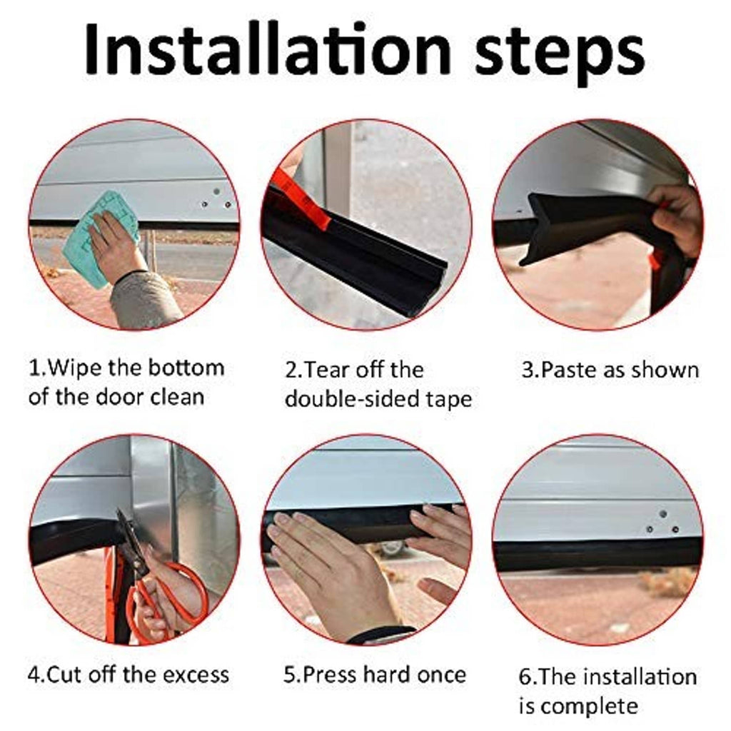 Black and red garage door seal strip with circular installation steps diagram