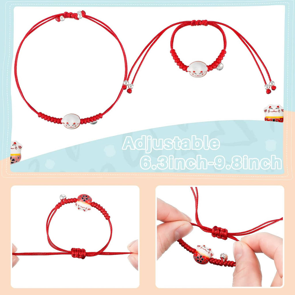 Red adjustable braided lucky cat charm bracelet with heart bead and small bell pendants