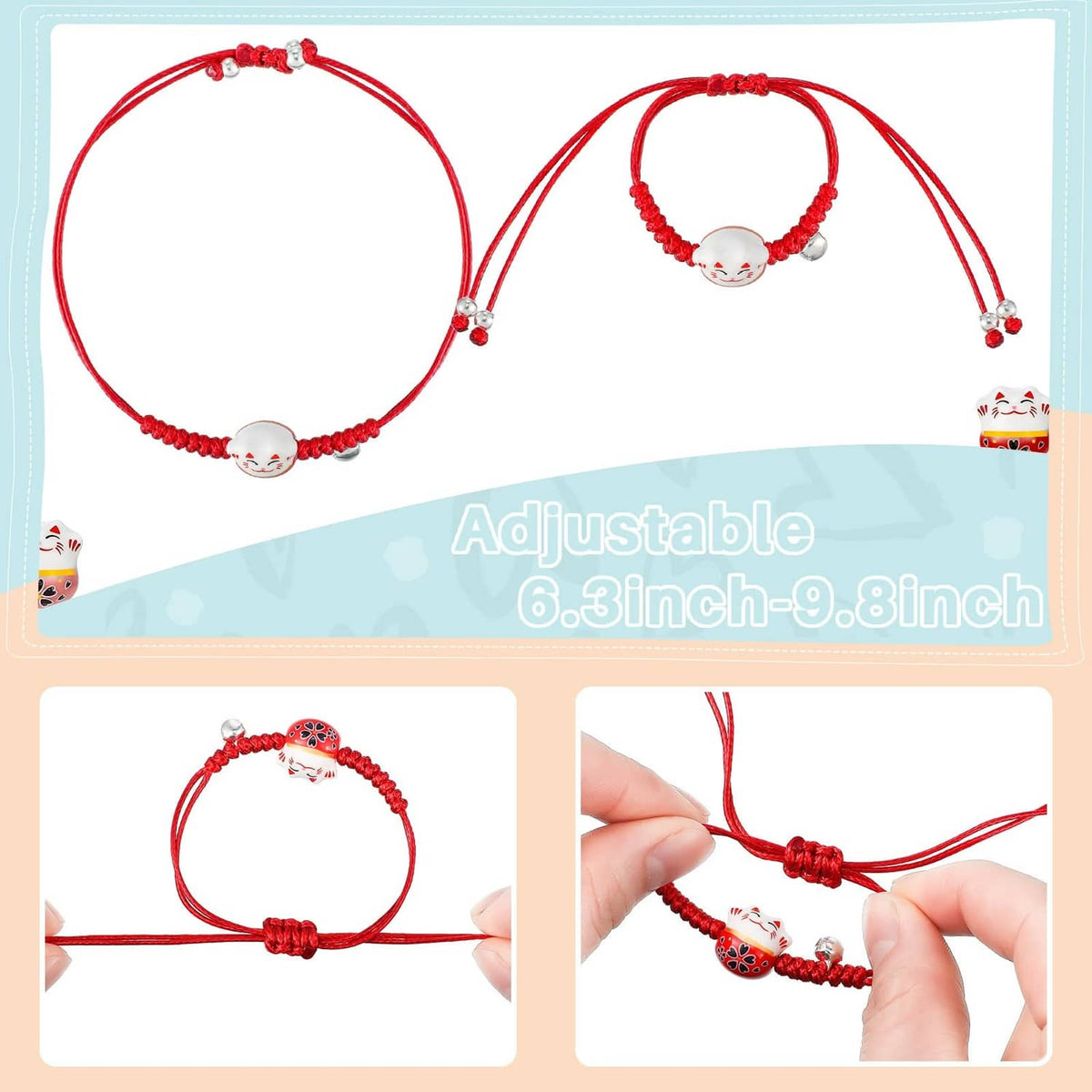 Red adjustable braided lucky cat charm bracelet with heart bead and small bell pendants