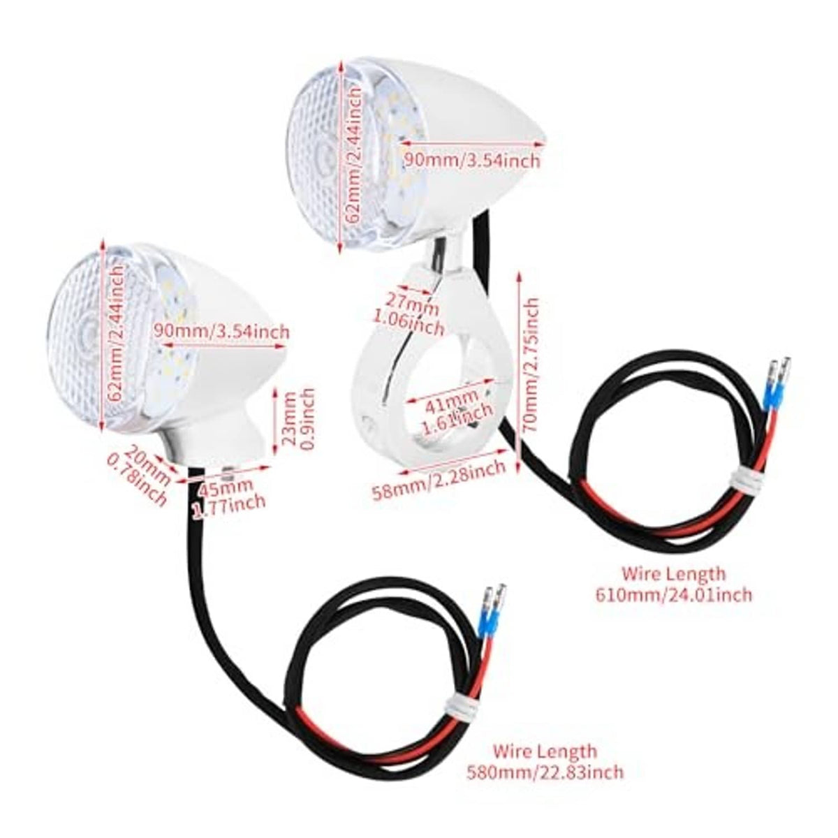 LED turn signal lamps with size diagram and wiring harness, white lens