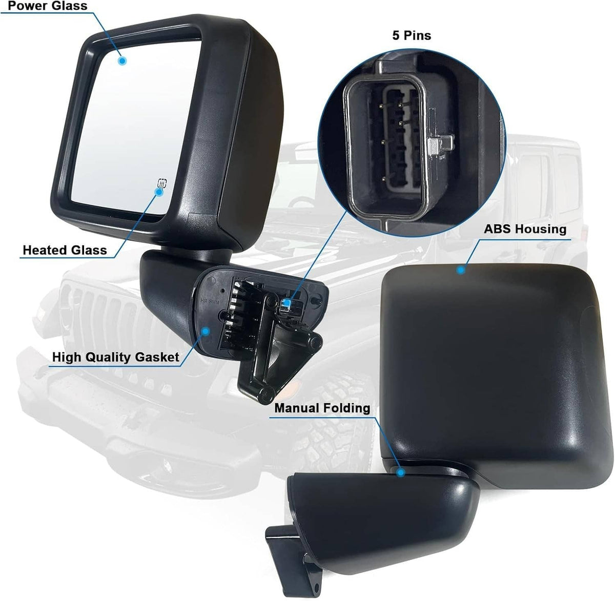 Black left power heated side mirror with heated glass and 5-pin connector port