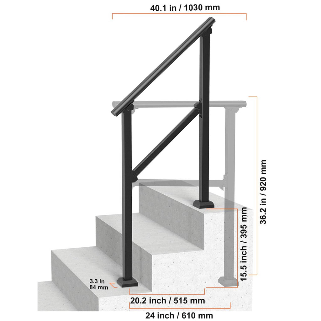 Black outdoor stair handrail with step-side measurements, for 2–3 steps