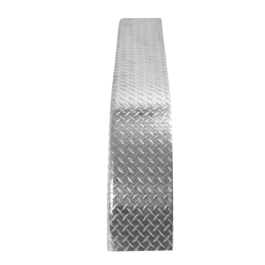 Silver diamond tread plate trailer fender end cap with vertical curved edge