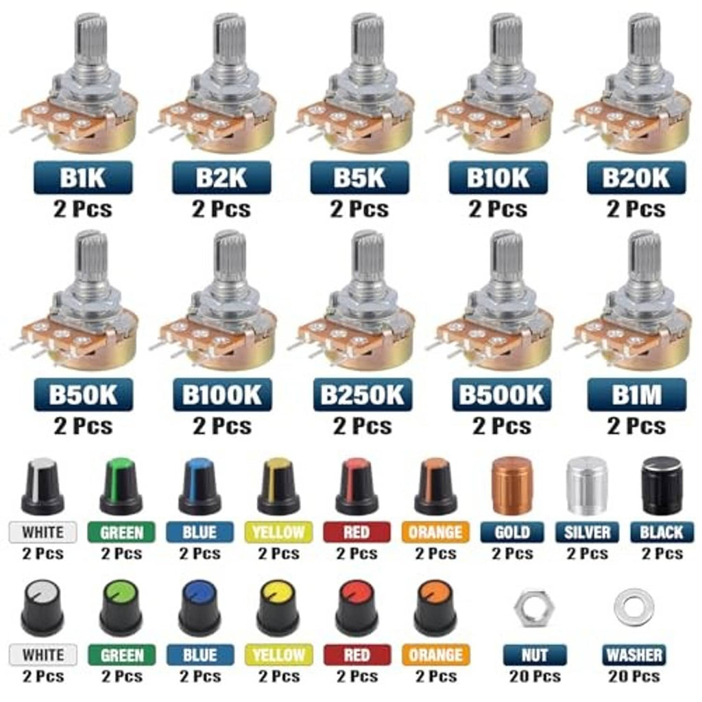 Assorted single-turn potentiometers with colored knobs and metal shafts