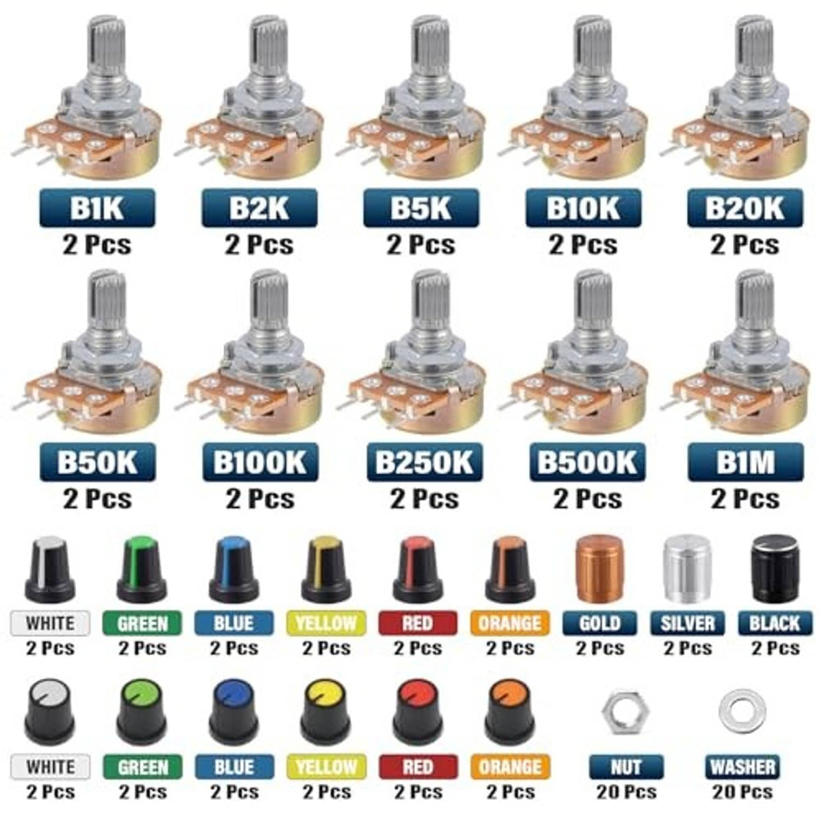 Assorted single-turn potentiometers with colored knobs and metal shafts