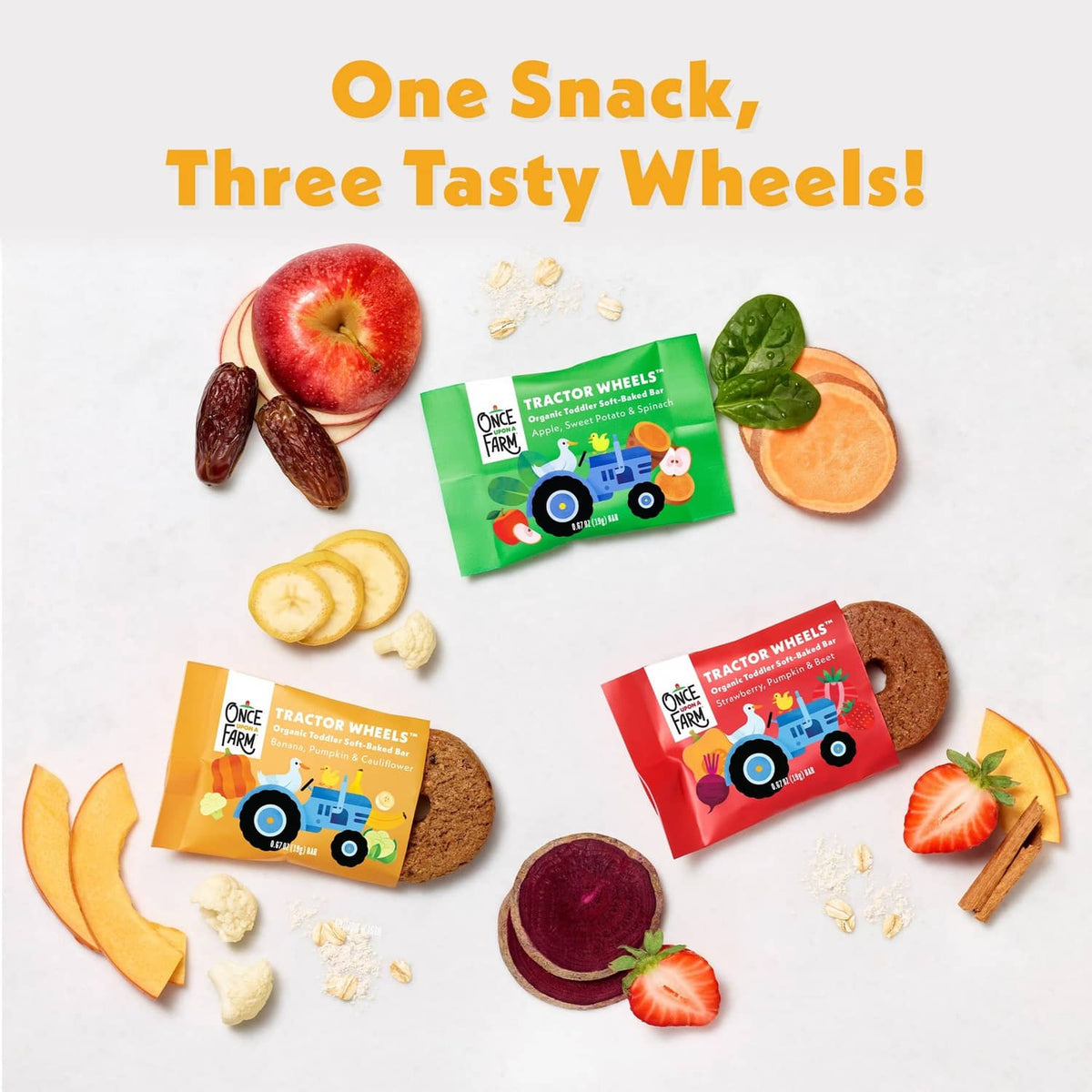 Three tasty wheels assortment of organic toddler bars, no added sugar, with fruit pieces.