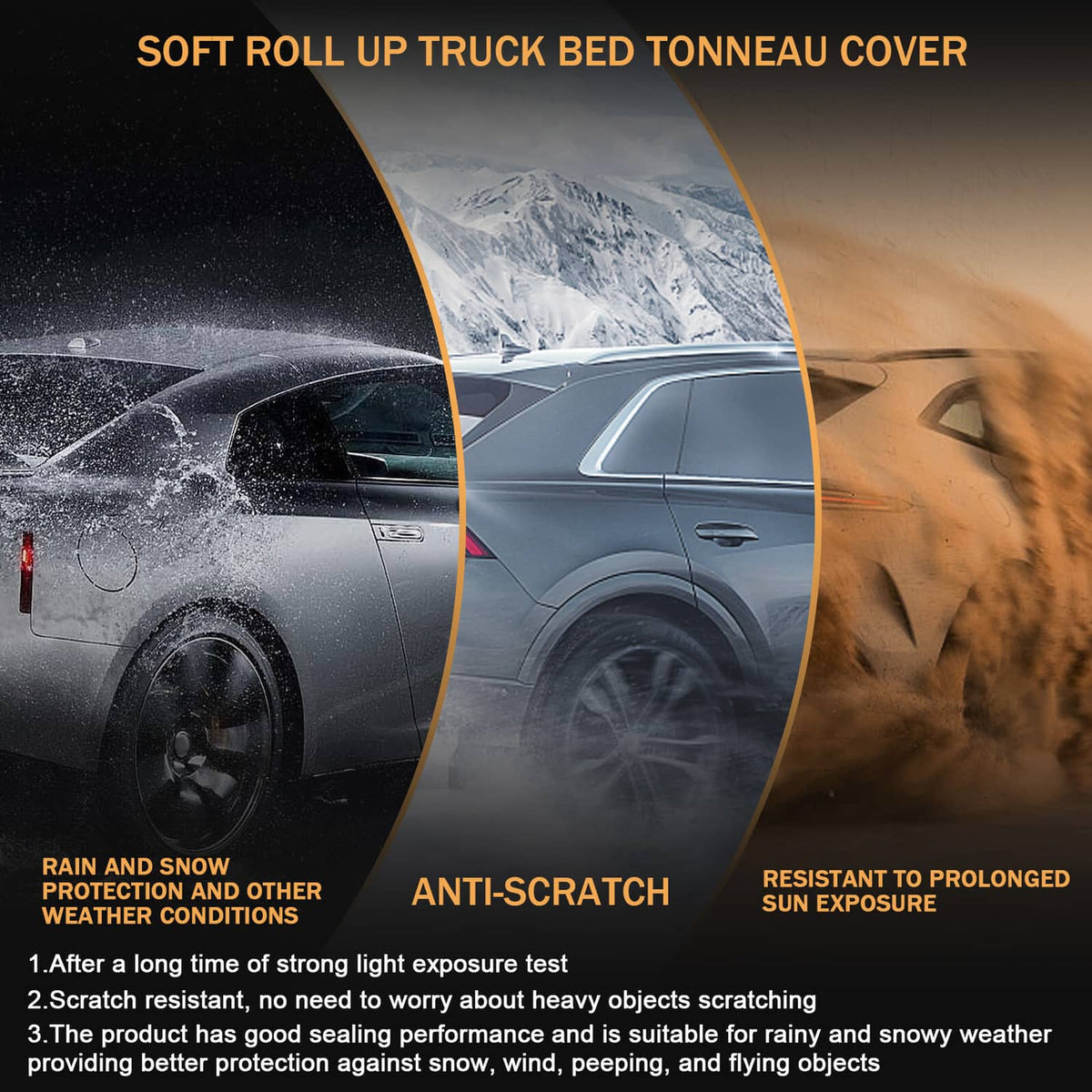 Soft roll-up tonneau cover on truck bed with protective, weather-ready design