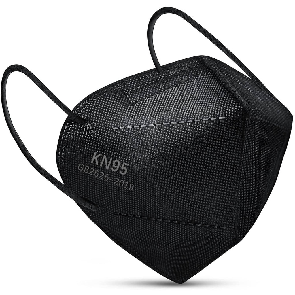 Black KN95 face mask with ear loops and stitched center seam