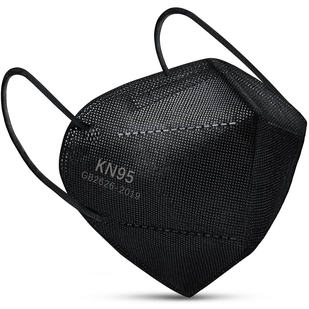 Black KN95 face mask with ear loops and stitched center seam