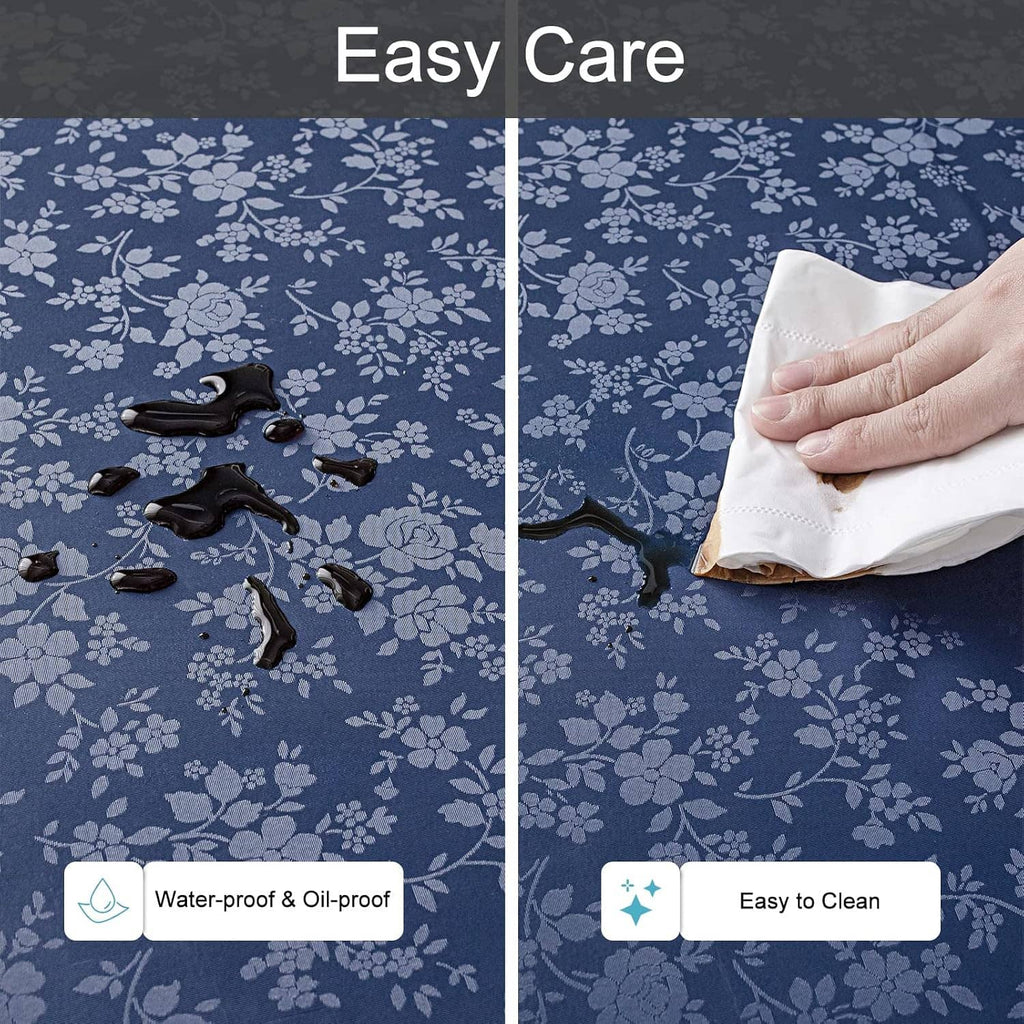 Blue floral vinyl tablecloth with oil-proof, water-proof coating and wipe-clean surface