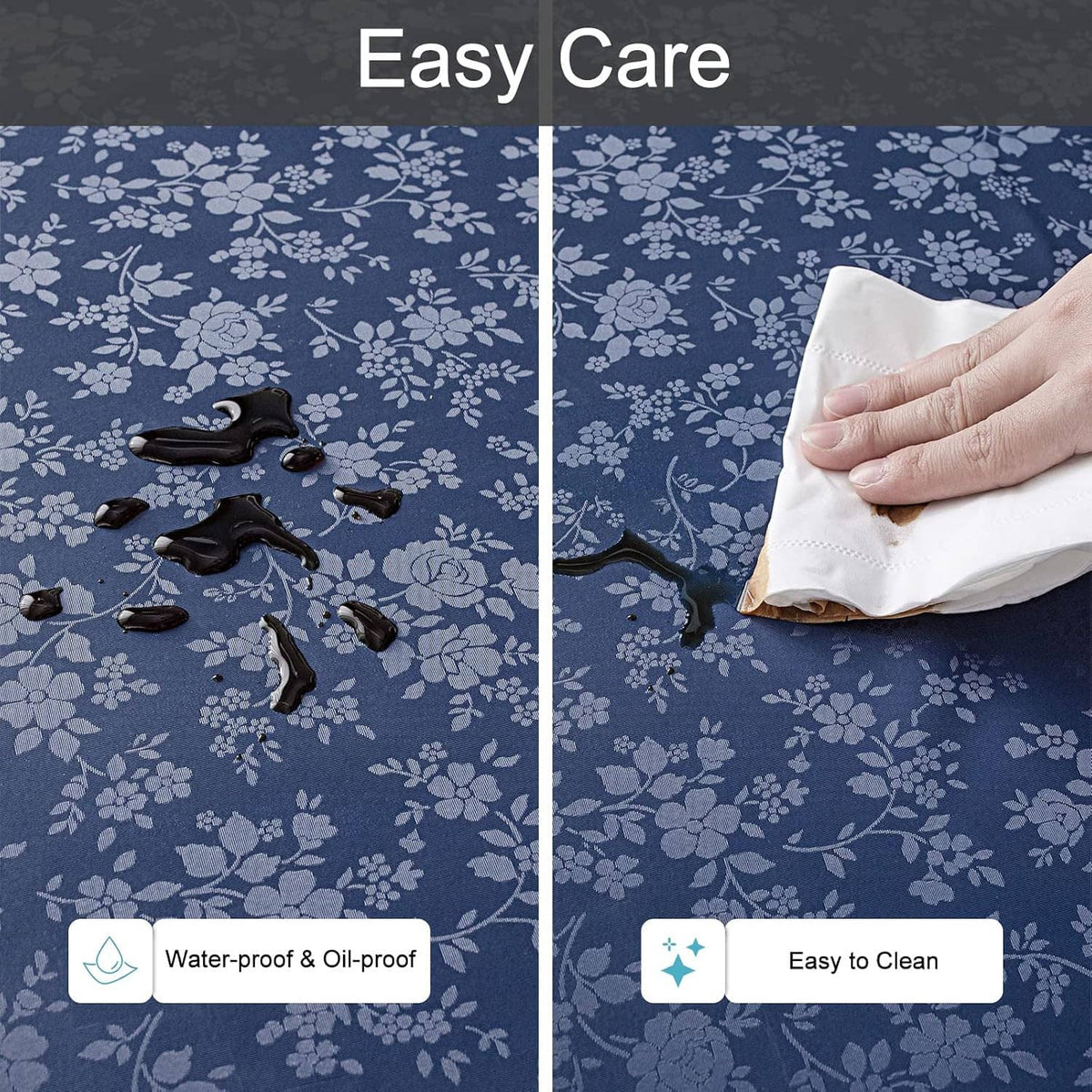 Blue floral vinyl tablecloth with oil-proof, water-proof coating and wipe-clean surface